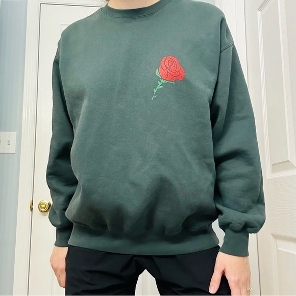 Vintage Sweatshirt Unisex Rose Casual Streetwear 90s Flower Green Oversized - Picture 1 of 7